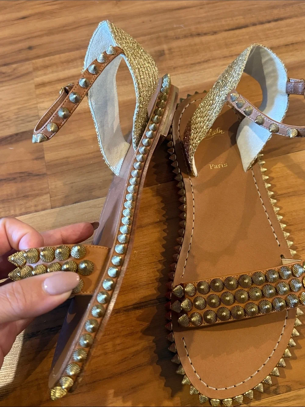 Christian Louboutin Brown Leather Studded Flat Sandals with Gold Spikes size 40